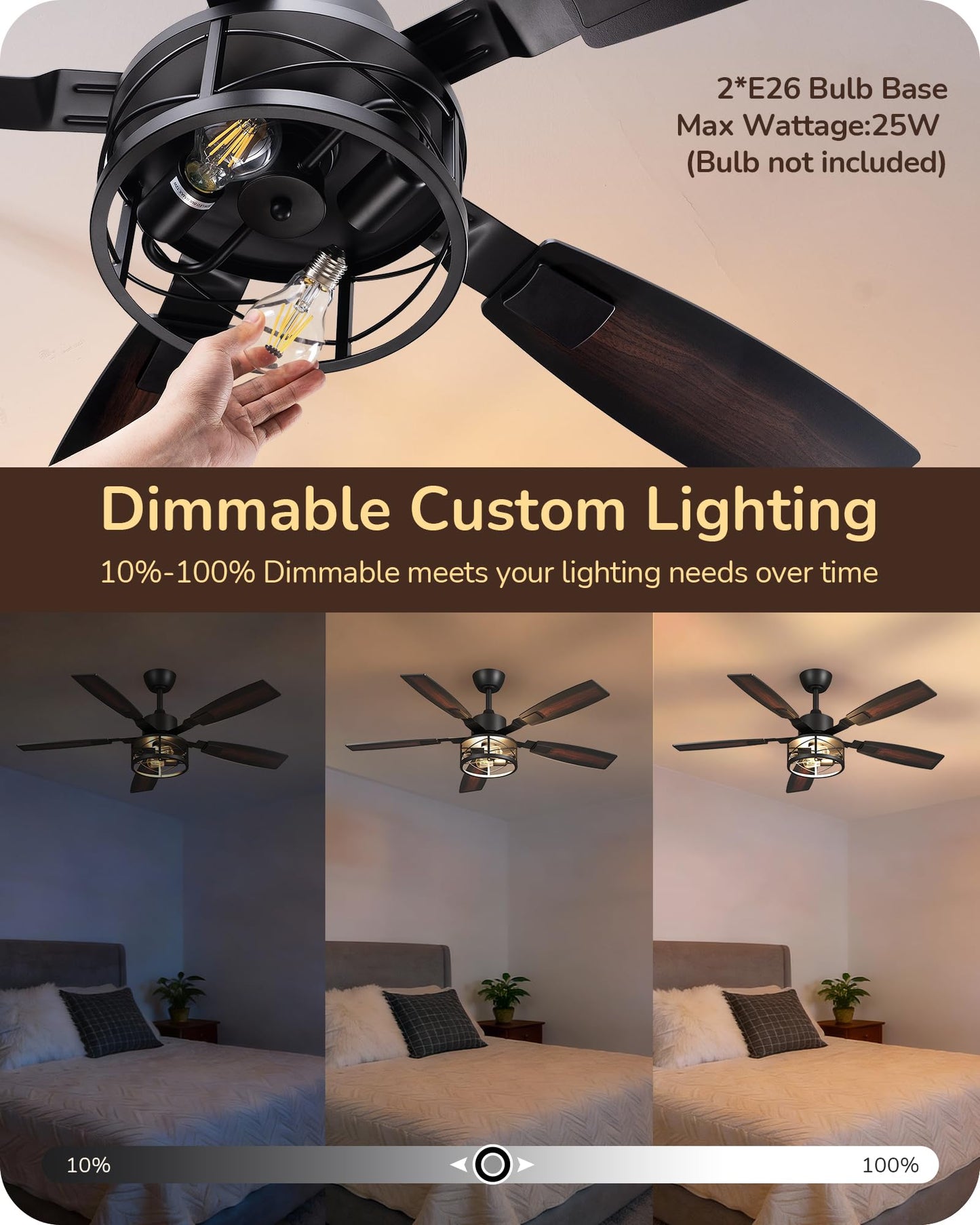 EDISHINE 52" Farmhouse Ceiling Fans with Lights and Remote, 10%-100% Dimmable, Reversible DC Motor, 6 Speed, 5 Wooden Blades, Timer, Rustic Caged Fandelier Ceiling Fan for Living Room, Bedroom