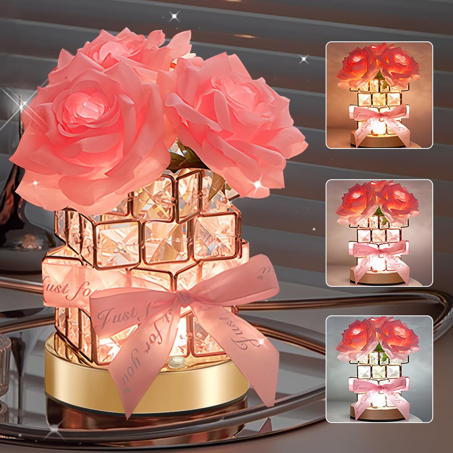 ONXE Forever Rose Gifts for Girlfriend Wife Her Women Mom,Rechargeable Cordless Touch Crystal Table Lamp,3-Colour Infinitely Dimming Small Night Light,Valentine's Day Anniversary Birthday Idea Gift