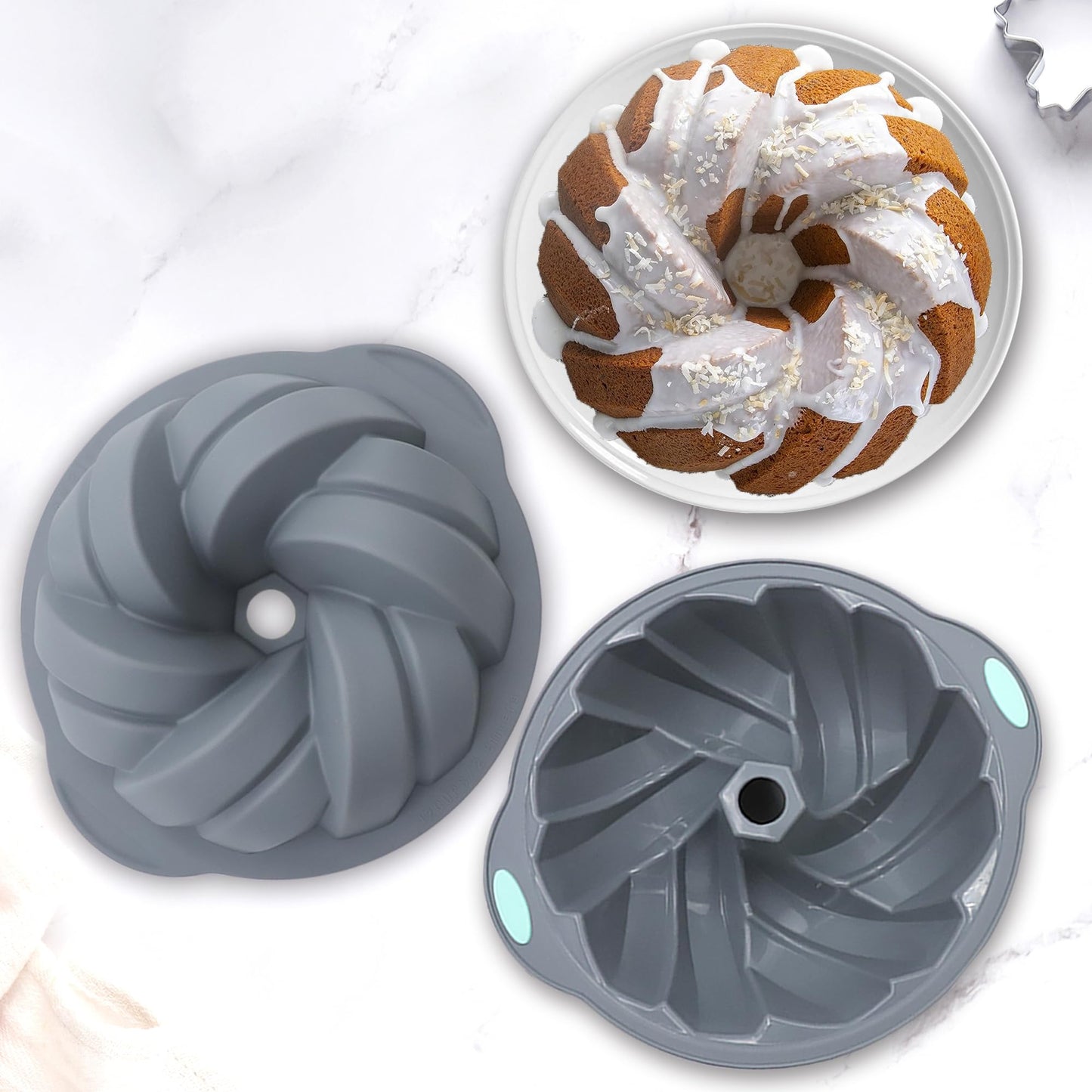 Tongjude 4 Pieces Silicone Fluted Cake Pans, 10/12 Cups Tube Baking Pan, Silicone Molds for Homemade Cake, Bread and Jello, Non-Stick, Grey
