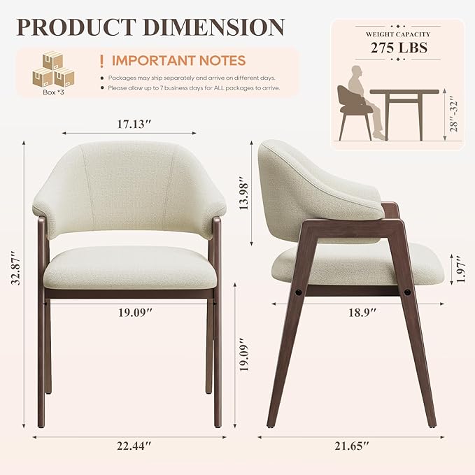 MALOL Wooden Dining Chairs Set of 6, Modern Fabric Upholstered Dining Room Chair, Kitchen Side Chairs, Farmhouse Dinner Chair with Curved Open Back for Kitchen, Beige