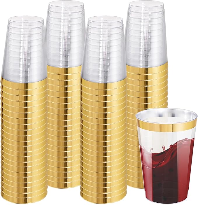 I00000 100 Pack 12 oz Gold Plastic Cups, Gold Rimmed Disposable Cups, Disposable Wine Glasses Cocktail Glasses Premium Cup...