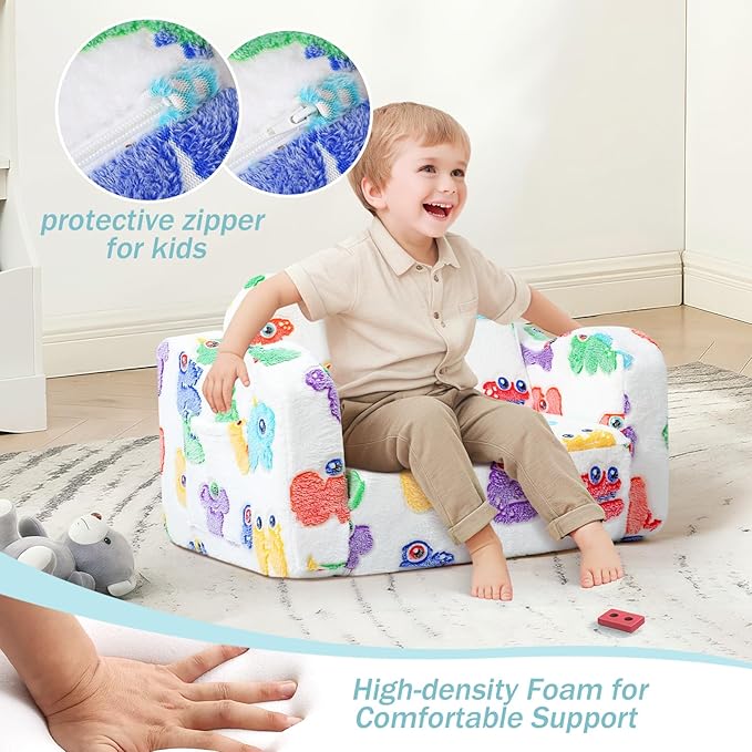 MeMoreCool Glow Alphabet Toddler Sofa Bed – 2-in-1 Foldable Foam Chair for Kids Light-Up Letters, Soft Supportive Foam, Machine-Washable Cover, Great for Boys and Girls