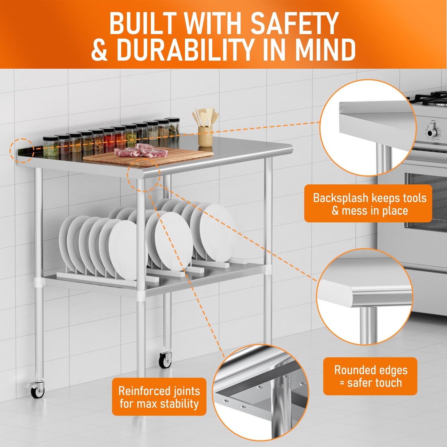 HOCCOT Stainless Steel Prep Table 24" X 36" with Adjustable Undershelf, Backsplash and Wheels, Commercial Metal Workstations for Kitchen, Garage, Outdoor BBQ