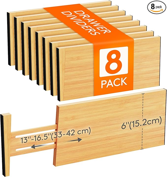 Lifewit 8 Pack 6" Deep Bamboo Drawer Dividers, 13-16.5" Expandable Drawer Organisers for Clothes, Adjustable Dresser Drawer Divider, Clothing Drawers Separators for Dresser, Bedroom, Bathroom, Office