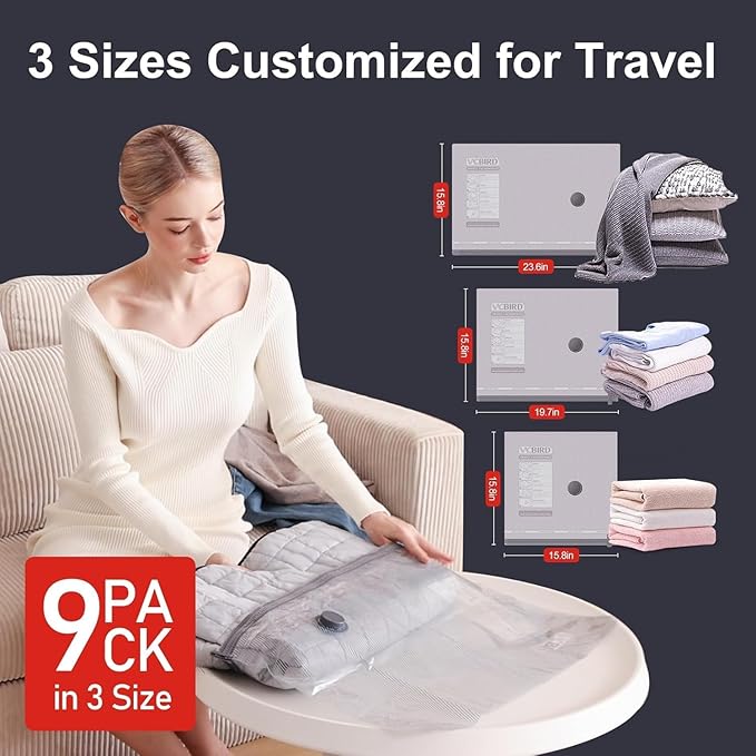 9 Pack Travel Vacuum Storage Bags with Hand Pump,Carry-on Size Compression Packing Bags