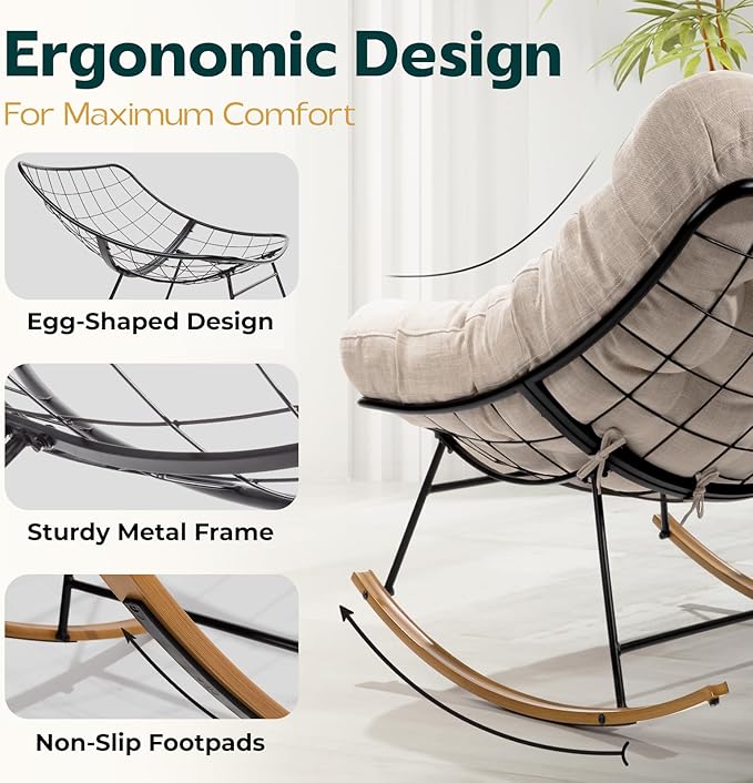 Bme Patio Rocking Chair Outdoor & Indoor with Ottoman, Metal Patio Lounge Rocking Chair with Thick Cushion, Comfy Modern Rocker Chair, Beige Cushion - Wood Texture Rocker