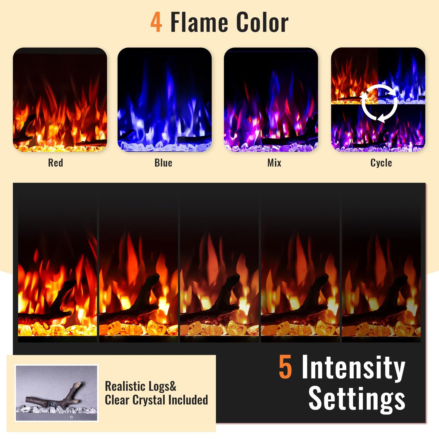 70 Inch Wall Fireplace Electric with Remote Control, Recessed and Wall Mounted Electric Fireplace, with Timer, Touch Screen, Adjustable Flame Color, 750-1500W, Log & Crystal Included