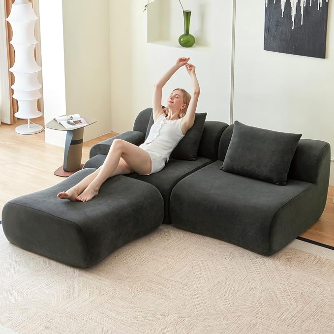 Cloud Couch Sectional,114"-Boneless Couch in a Box,Upholstered Couches for Living Room Bedroom with L-Shape Chaise,Modern Comfy Sofa-Cool Gray Couches,No Assembly Required,Low -Profile Sofa