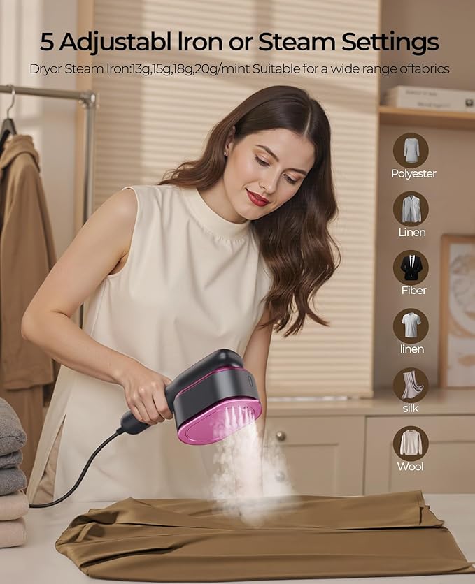 Portable Travel Steamer for Clothes: 2-in-1 Handheld Garment Steamer Iron - Rapid 15s Heat Up & 5 Steam Settings - Large Ceramic Panel - 110-120V Upgraded