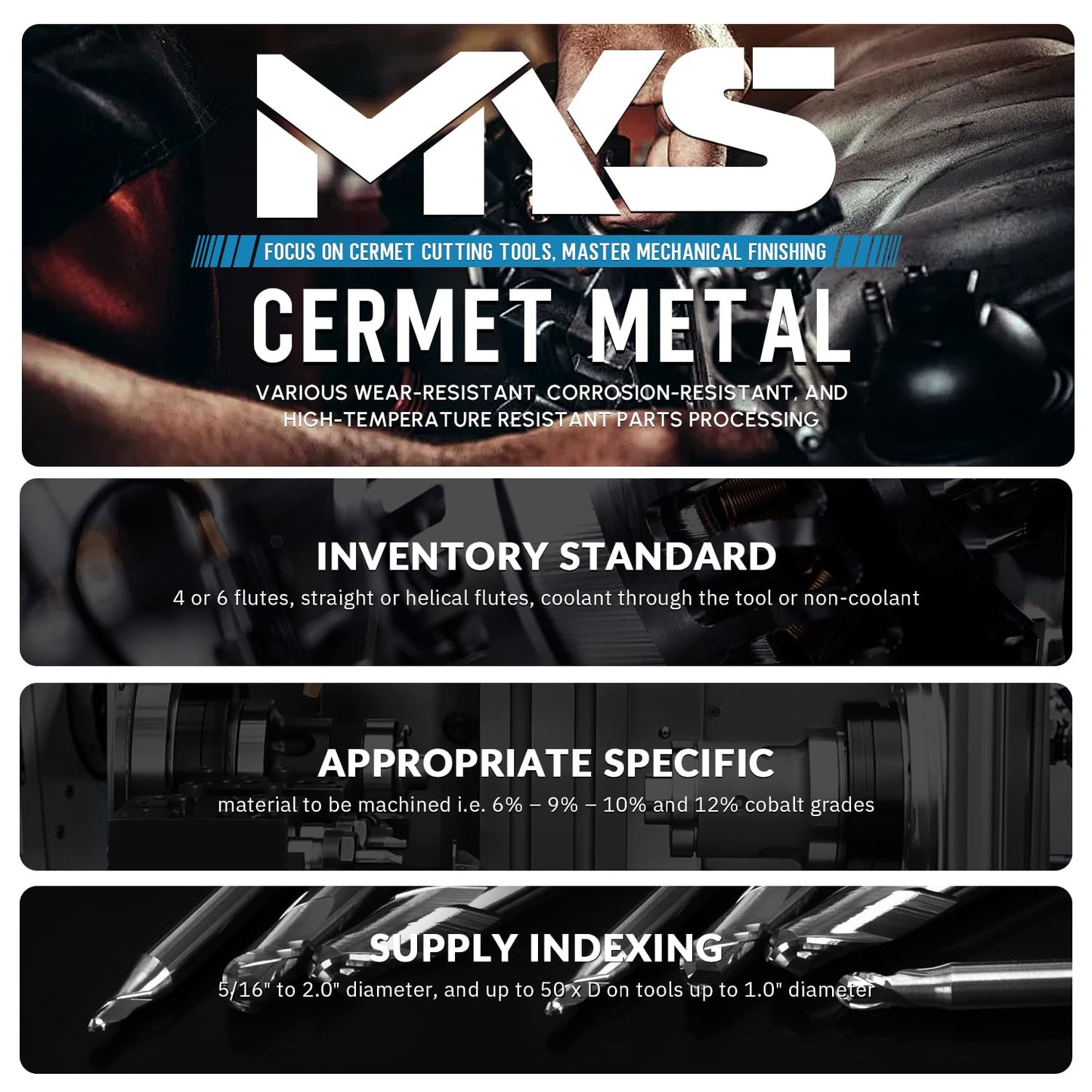 MYS Cermet End Mill Set -4Flute- 16mm Shank 100 for Milling Machine, CNC Router Bits Carbide Speed Square Nose for Hardened Steel,Torno para Metal -HRC68- Uncoated