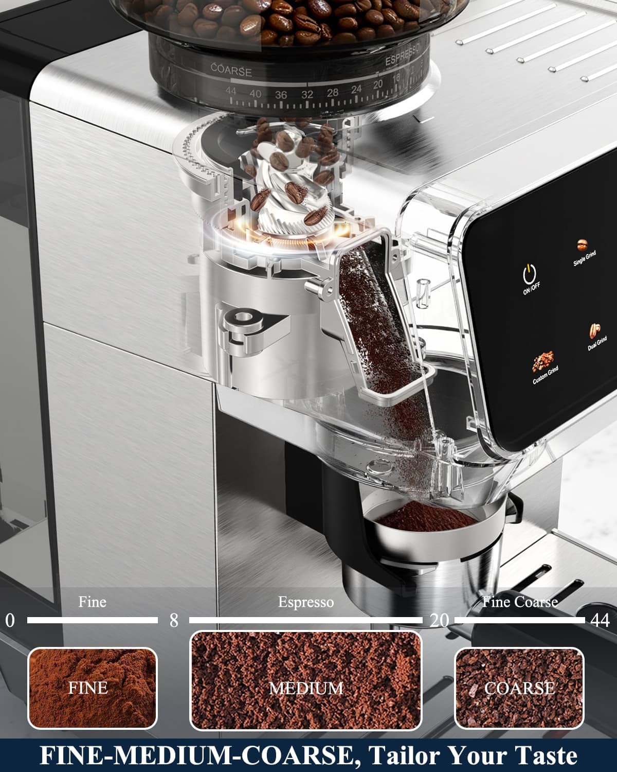 Hausmojo CM1620 Espresso Machine with Built-in Burr Grinder, 20 Bar Bean-to-Cup Espresso Maker with 44 Grind Settings & Steam Wand, Touchscreen Coffee Machine for Latte, Cappuccino & Iced Coffee