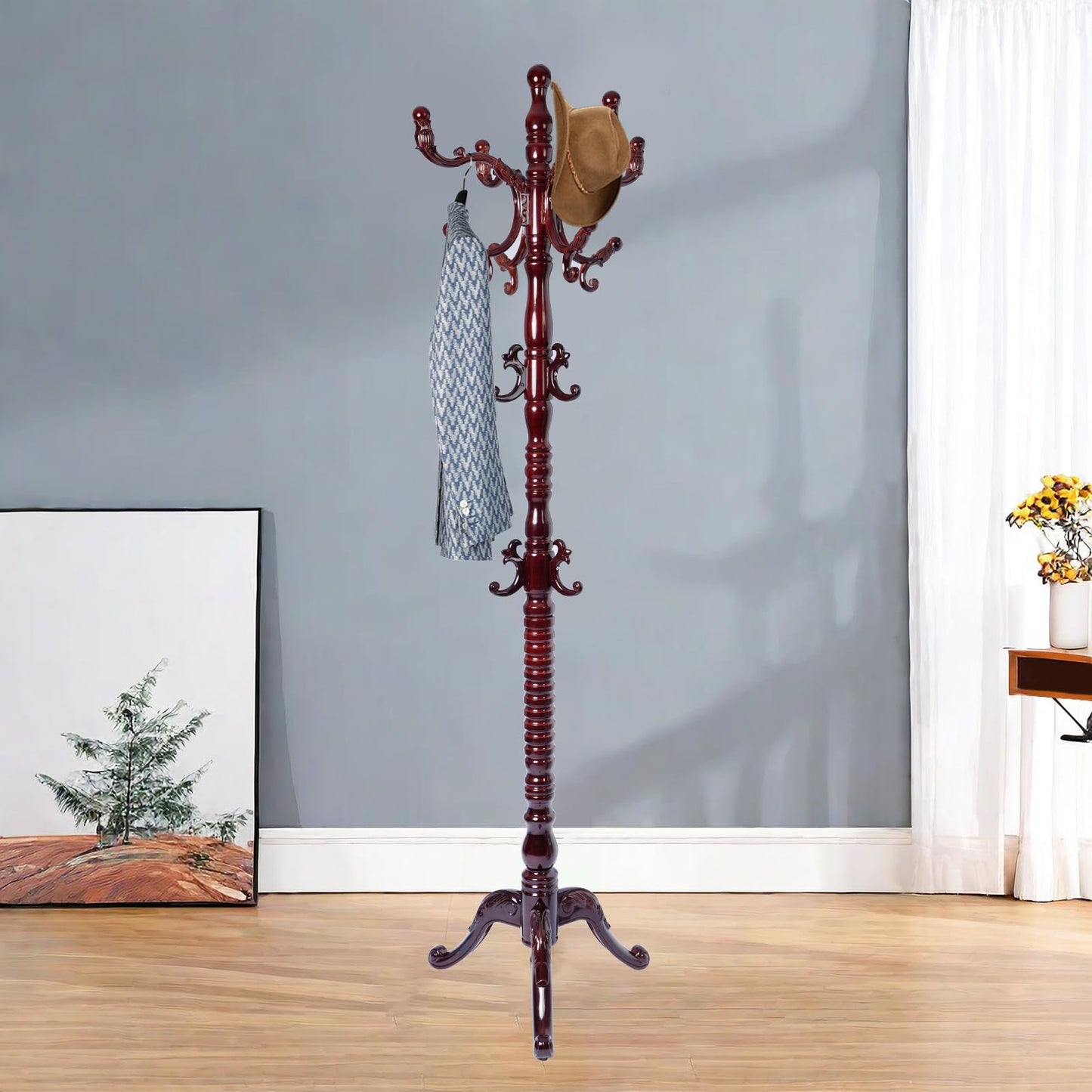 YQNUCO Solid Wood Coat Rack – Freestanding Coat Racks Stand with Hooks & Stable Base, Adjustable Height Modern Wooden Hall Tree for Entryway, Bedroom, Office, Home (Mahogany Triangle)