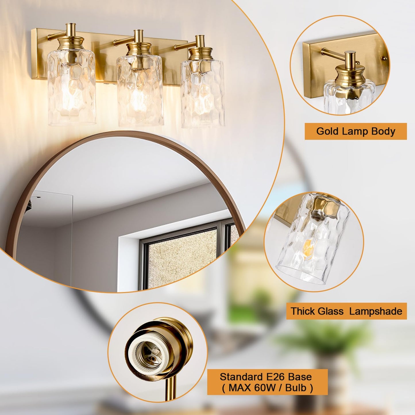AMRUIPO 3 Light Bathroom Vanity Light Modern Brushed Gold Bathroom Light Fixtures Over Mirror with Hammered Glass Lampshade for Kitchen Hallway