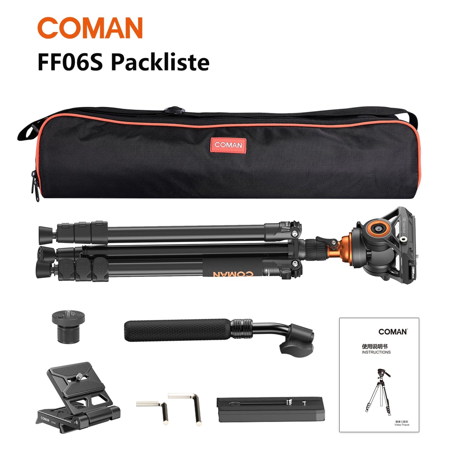 COMAN Camera Tripod with Fluid Head, Lightweight Compact Tripod for Camera with Detachable Monopod Aluminium Alloy and QR Plate for DJI Canon Nikon Sony DSLR Camera 70.8“ Max Load 22.04lb(FF06S)
