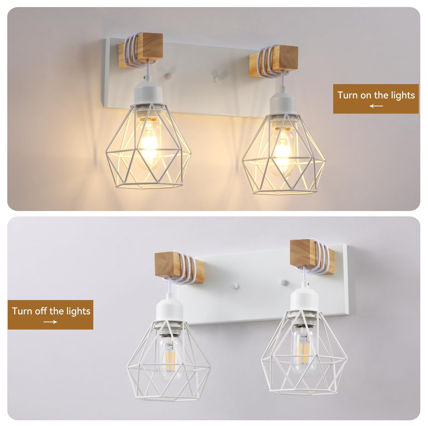 Farmhouse Vanity Light for Bathroom, 2-Light White Wood Bathroom Vanity Light Fixtures Over Mirror, Rustic Sconces Wall Lighting with Metal Lampshade for Living Room, Bedroom, Hallway