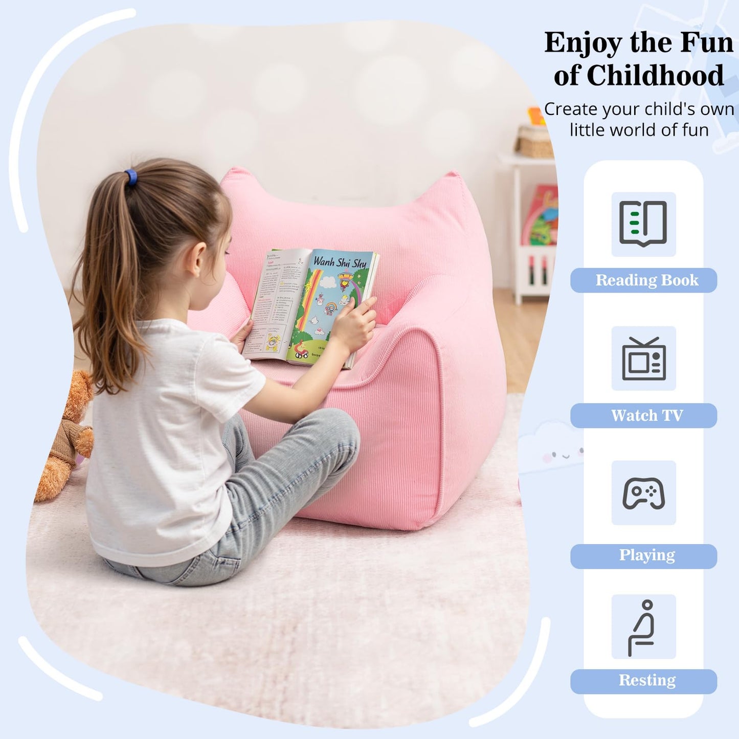 HOMMPA Kids Bean Bag Chair Stuffed Toddler Bean Bag Sofa with Pocket Filler Bean Bag Chair for Kids Boys and Girls Baby Lazy Floor Sofa Chair for Gaming Reading Playing Pink