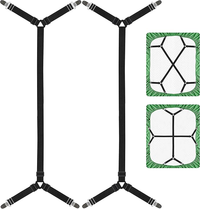 Bed Sheet Holder Corner Straps-Adjustable Crisscross Sheet Clips,Elastic Band Fitted Bedsheet Fasteners Suspenders Grippers,2Pcs Black