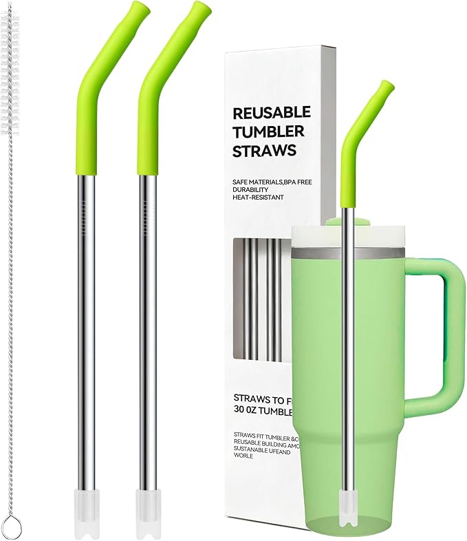 Metal Straw Reusable for Stanley 30 OZ Tumbler, 2 Pcs Long Stainless Steel Drinking Straws with Silicone Tip for STANLEY Quencher 30 oz Cups, 1 Straw Brush, BPA Free Dishwasher Safe(Apple Green)