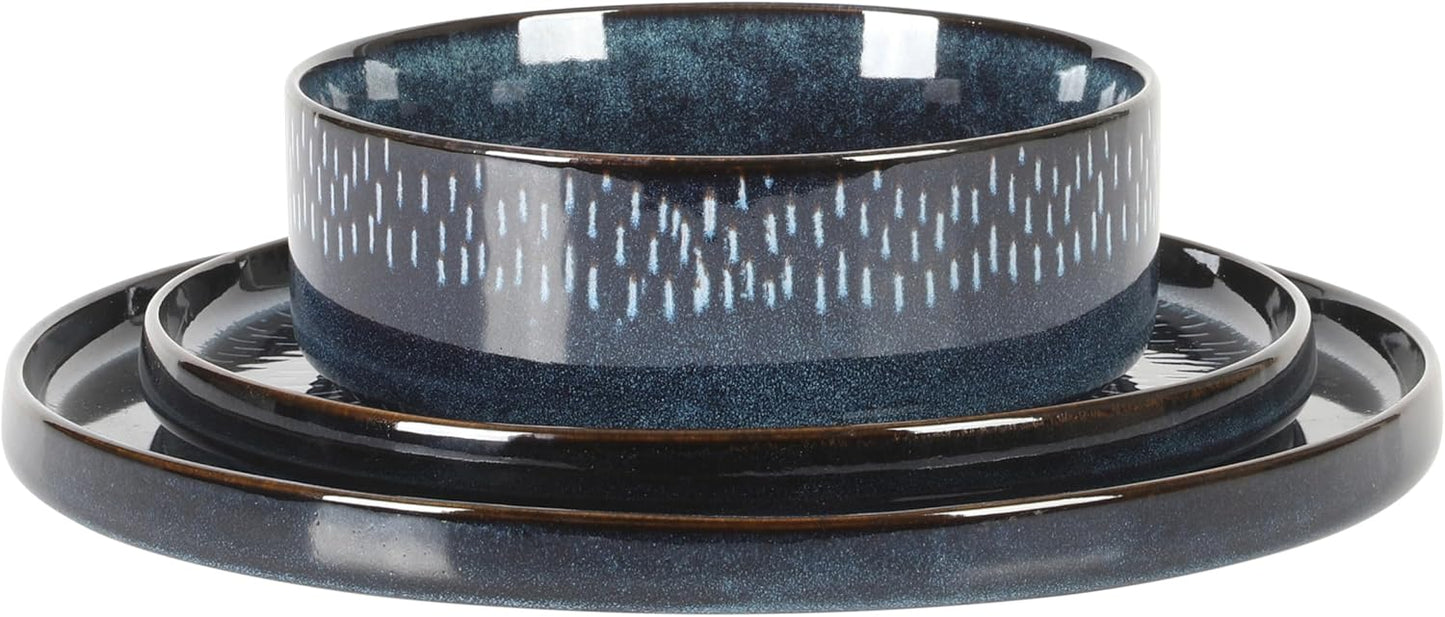 Gibson Elite 12 Piece Matisse Moderna Stoneware Reactive Glaze Plates and Bowls Dishes Dinnerware Set - Cobalt Blue