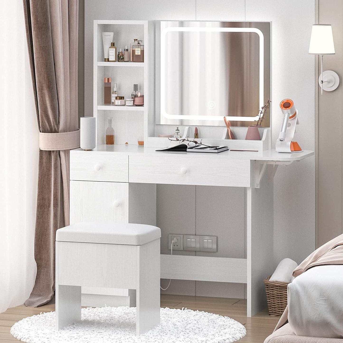 IRONCK Vanity Desk with LED Lighted Mirror & Power Outlet, Makeup Table with Drawers & Cabinet,Storage Stool,Dressing Table for Bedroom, White