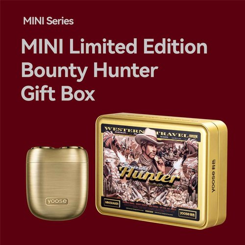yoose Bounty Hunter Mini Shaver Gift Set, Portable Alloy Travel Shavers, Cordless Shaving, USB-C Rechargeable Electric Razor for Men, Dry Shave, IPX7 Waterproof, Easy Cleaning, Battery Indicator, Gold