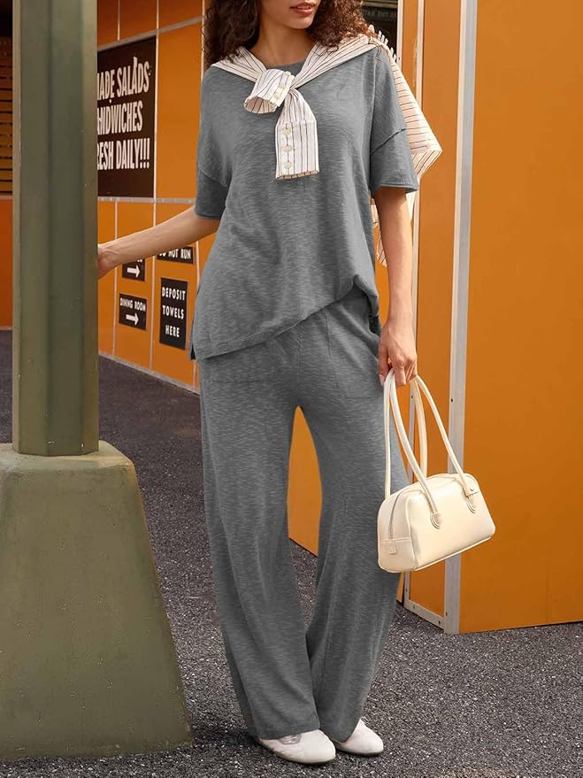 Tankaneo Women's 2 Piece Travel Outfits Casual Short Sleeve Knit Sweater Set Wide Leg Pants Lounge Sets Tracksuit