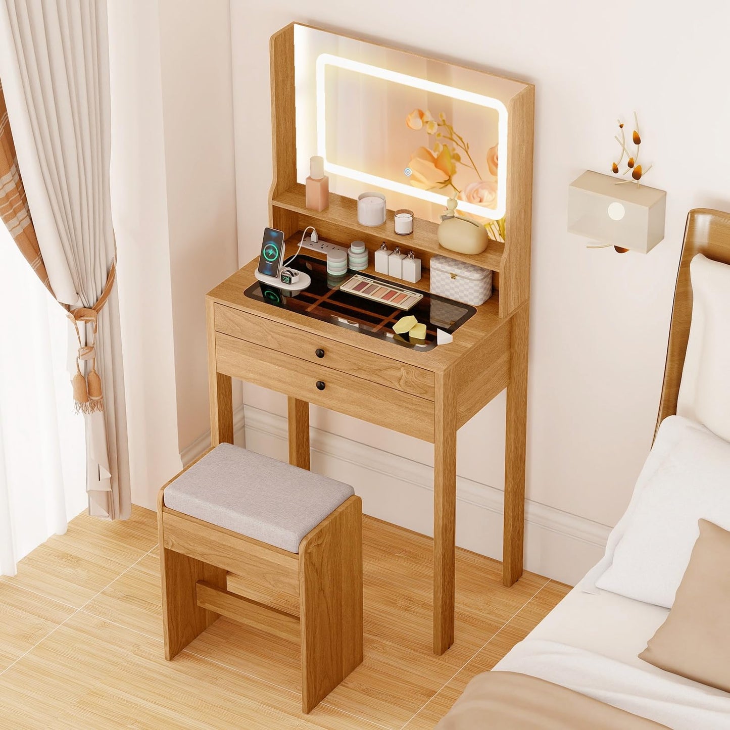 CHARMAID Compact Vanity Desk with Lighted Mirror, Built-in Charging Station, Glass Desktop, 2 Drawers & Padded Stool, Small Makeup Vanity Table for Bedroom, Apartment, Dorm, Rustic Oak