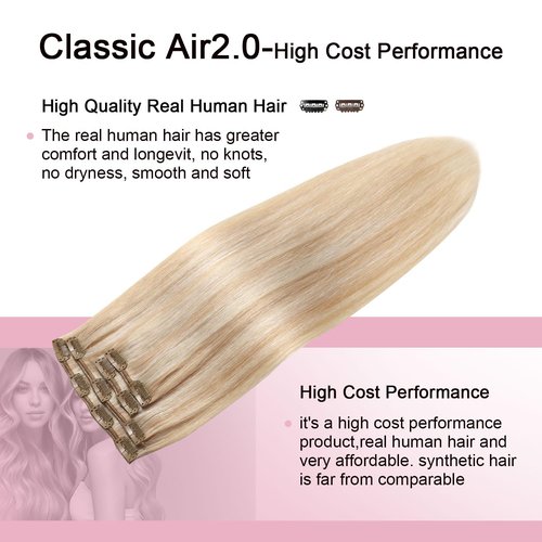 Sweetmet Air2.0 Clip in Hair Extensions Real Human Hair 20inch 4pcs #27p60 Caramel Blonde Mixed Platinum Blonde Remy Real Human Hair Extensions Clip ins 60g Thick Seamless Double Weft（#27p60-20inch）
