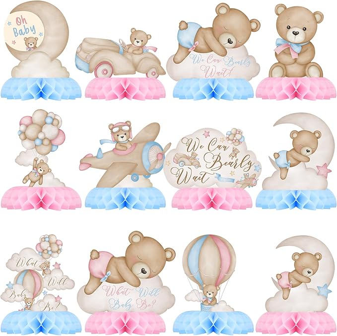 Gender Reveal Party Decorations, Blue Pink Bear Honeycomb Centerpieces, Baby Shower Table Decorations, What Will Baby Be B...