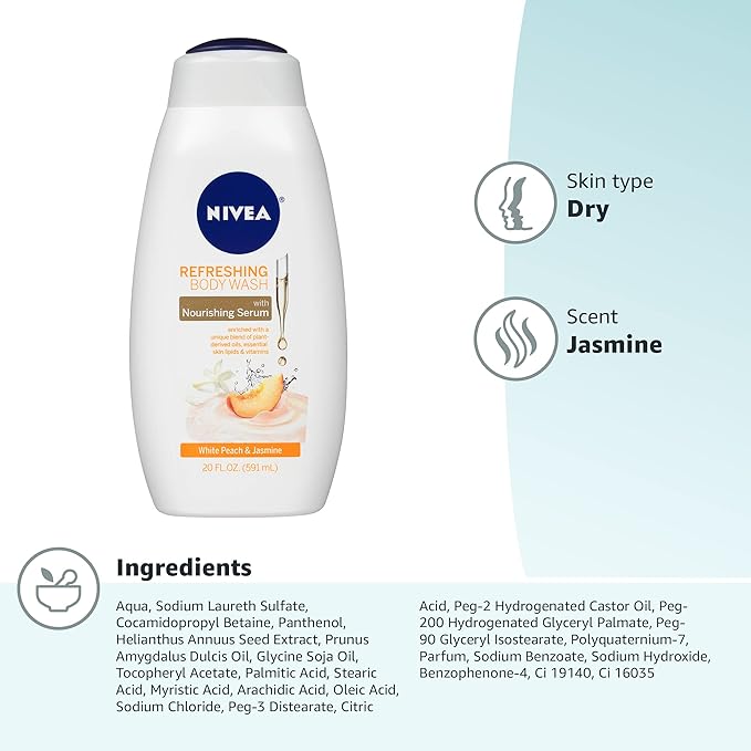 NIVEA Refreshing White Peach and Jasmine Body Wash with Nourishing Serum, Scented Body Wash for Women, Enriched with Provitamin B5 and Vitamin E, 20 Fl Oz Bottle (Pack of 2)