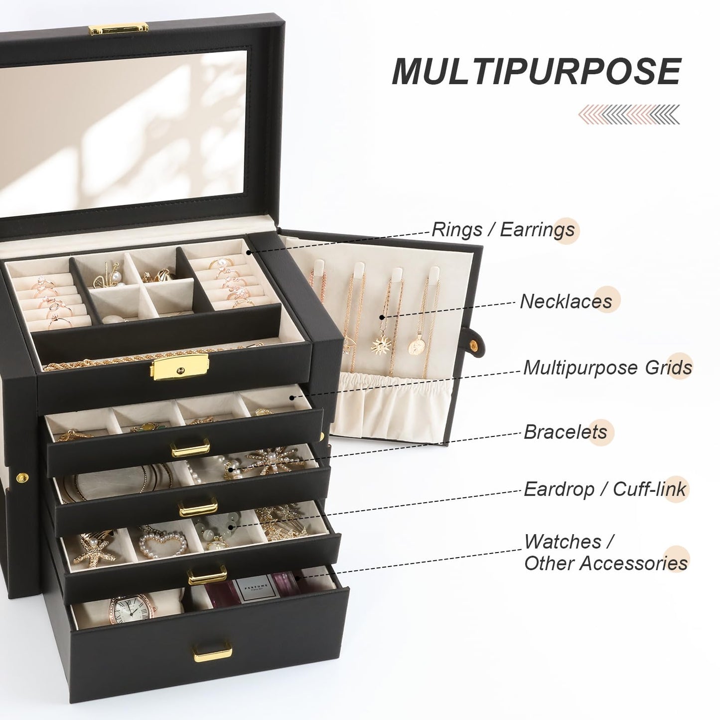 V-LAFUY Large Jewelry Organizers and Storage, Jewelry Box for Women 5 Layers Jewelry Organizer, Large Jewelry Boxes & Organizers for Women, Black