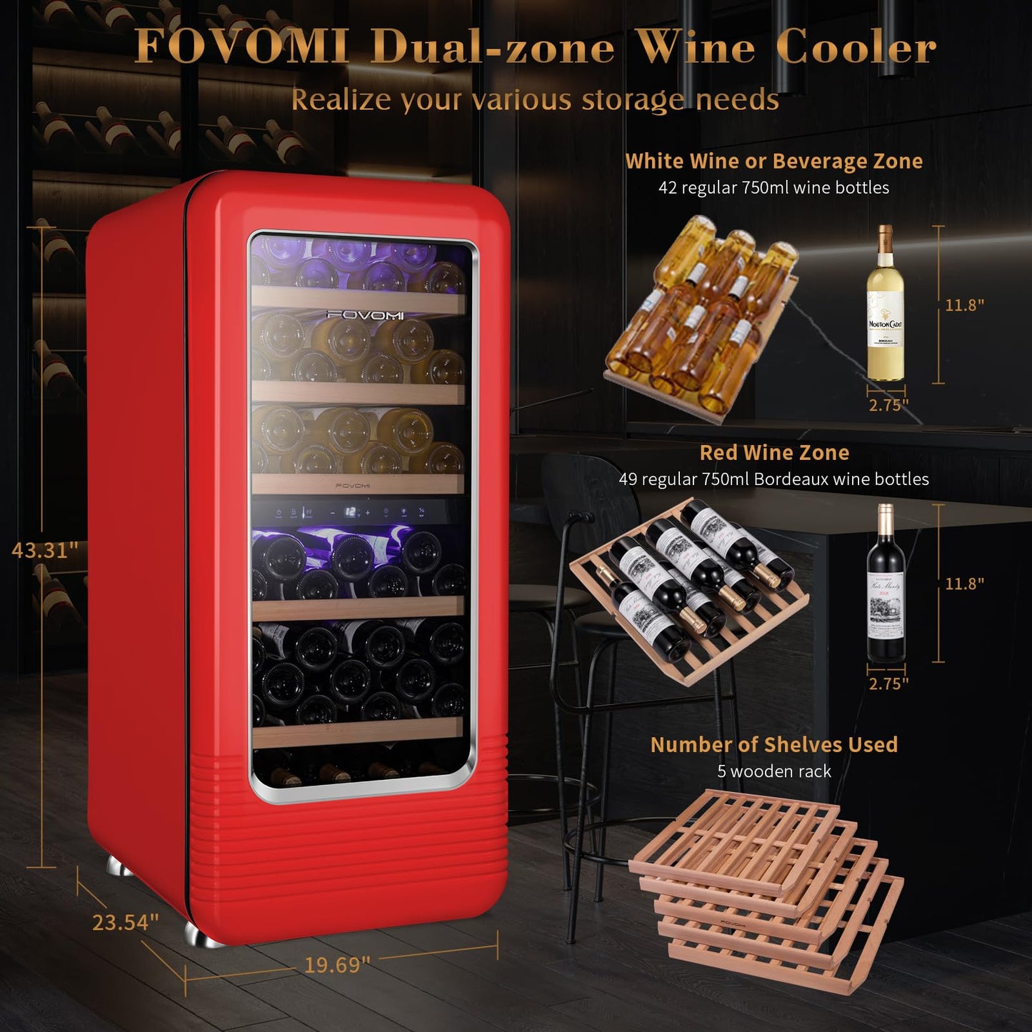 FOVOMI Wine Fridge,91-bottle Wine Cooler Refrigerators Dual Zone Large Wine Beverage Freestanding Cellar,Holds 91bottles (Red)