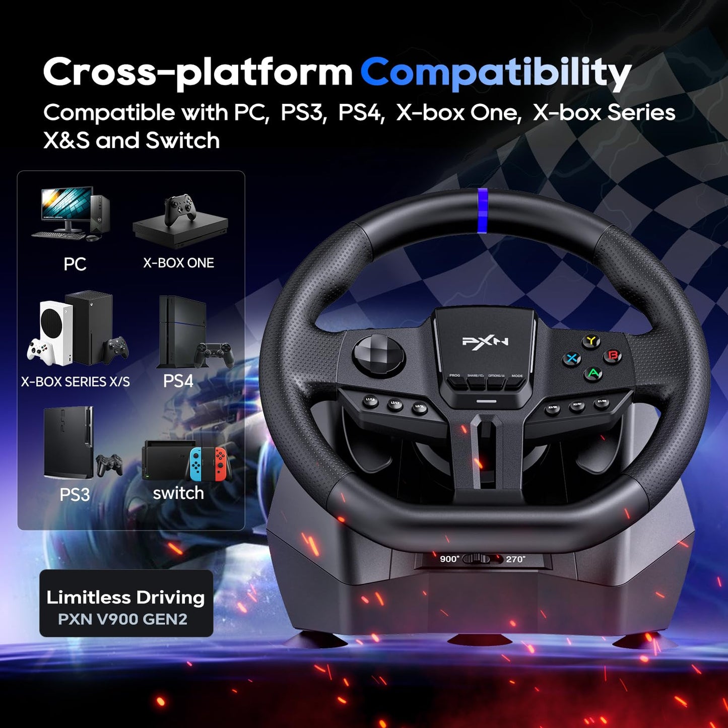 PXN Gaming Steering Wheel - 270/900° V900 GEN2 Sim Racing Wheel with Pedals Paddle Shifter - for Xbox One,Series S|X, PC, PS4, Switch
