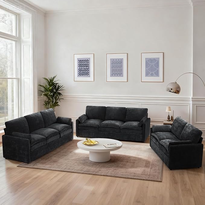ACMEASE 3 Pieces Chenille Sofa Set w/Arm Pillows, Upholstered Loveseat & 2 Pieces 3 Seater Sofa w/Comfortable Back Cushions, Modern 2-Seat & 3-Seat w/High-Density Foam for Living Room, Black