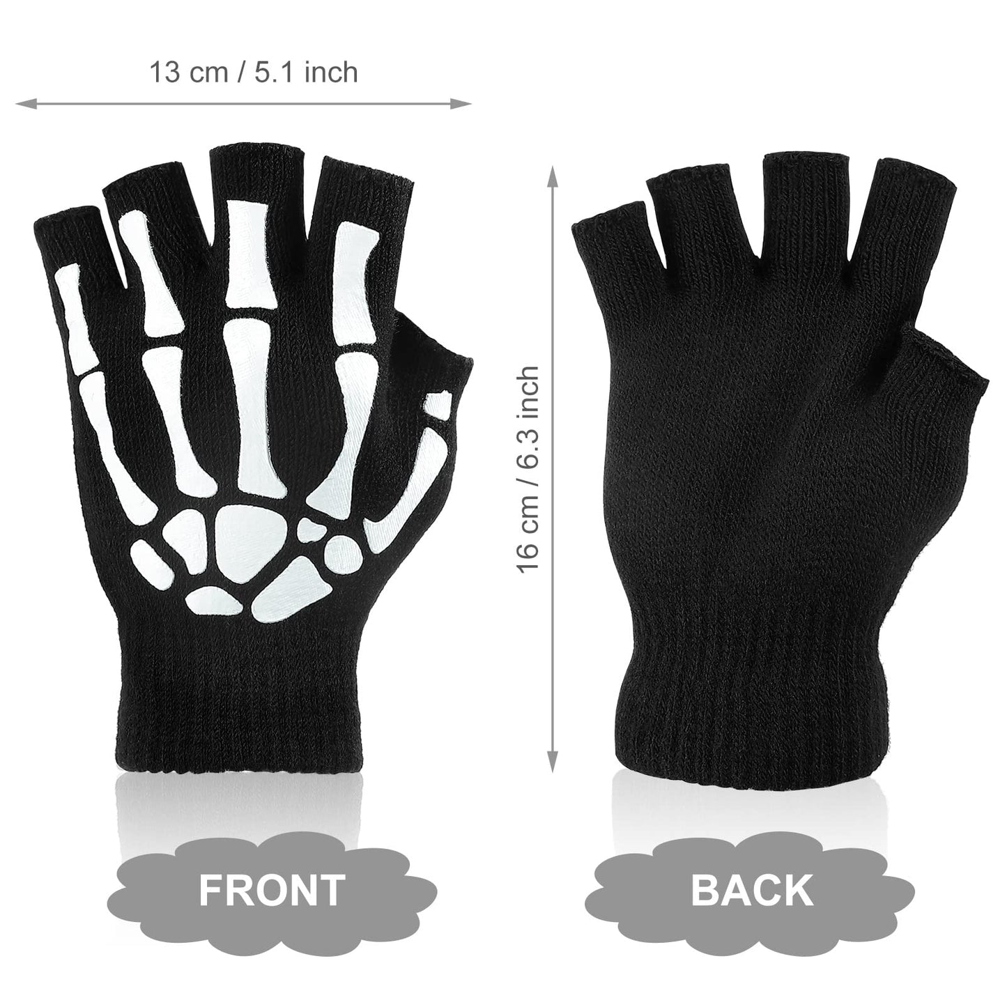 Tatuo 3 Pairs Skeleton Fingerless Glove Glow in the Dark Glove for Kid Adult Halloween(Large)