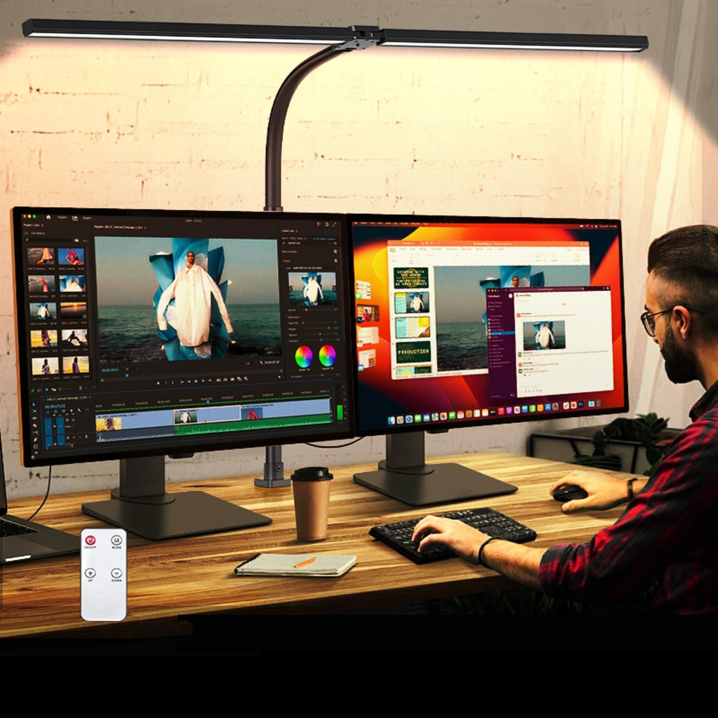 MACASA Double Head LED Desk Lamp with Remote Control for Home Office 24W Brightest Computer Desk Light for Workbench Drafting Architect Study Reading with Anti-Glare Cover