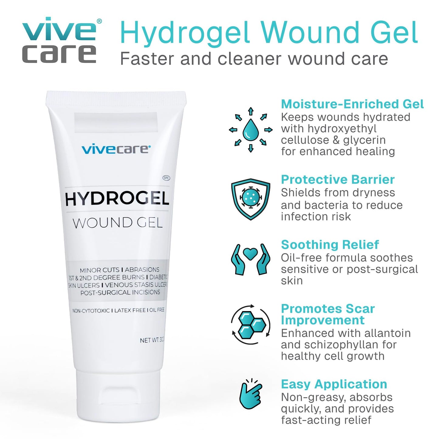 ViveCare Hydrogel Wound Dressing (3 Oz Tube) - First Aid Healing Gel for Burns, Diabetic Ulcers, Cuts, Surgical Incisions, Debridement, Open Wounds - Soothing Skin Repair Cream Ointment (1)