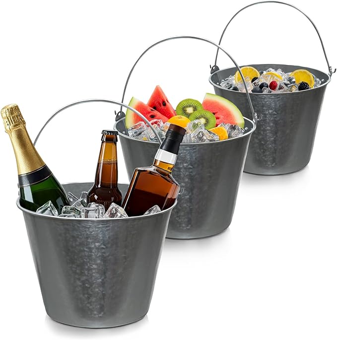 PLEXON Galvanized Metal Ice Bucket for Parties Coctail Bar Restaurant Set of 3 - Drink Beer Champagne Metal Pail Bucket wi...