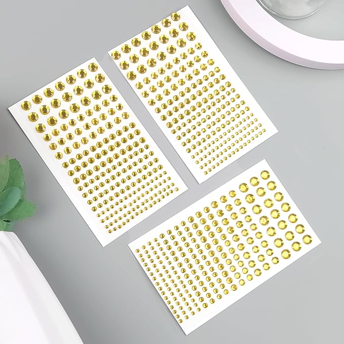 591pcs Face Gems Hair Gems Pearls, Self-Adhesive Face Jewels Eye Rhinestones 3/4/5/6/8 mm Face Gem Stick on, Halloween Makeup Gems Rave Accessories for Face Eyes Body Makeup (07.Light Gold)