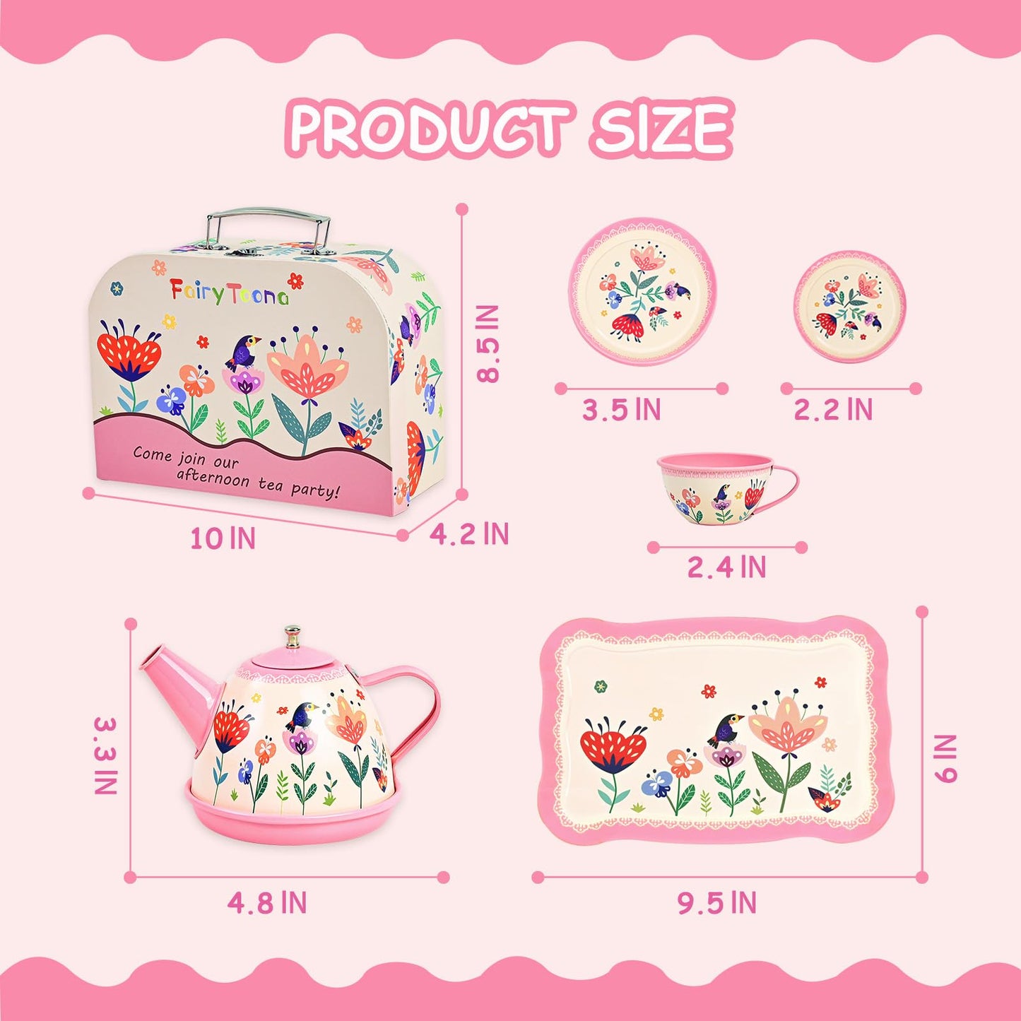 Fairy Toona Floral Tea Party Set for Little Girls Ages 3-6, 15-Piece Pretend Play Kitchen Toys with Teapot, Cups, Plates & Storage Case, Princess Gift Set (Pink)