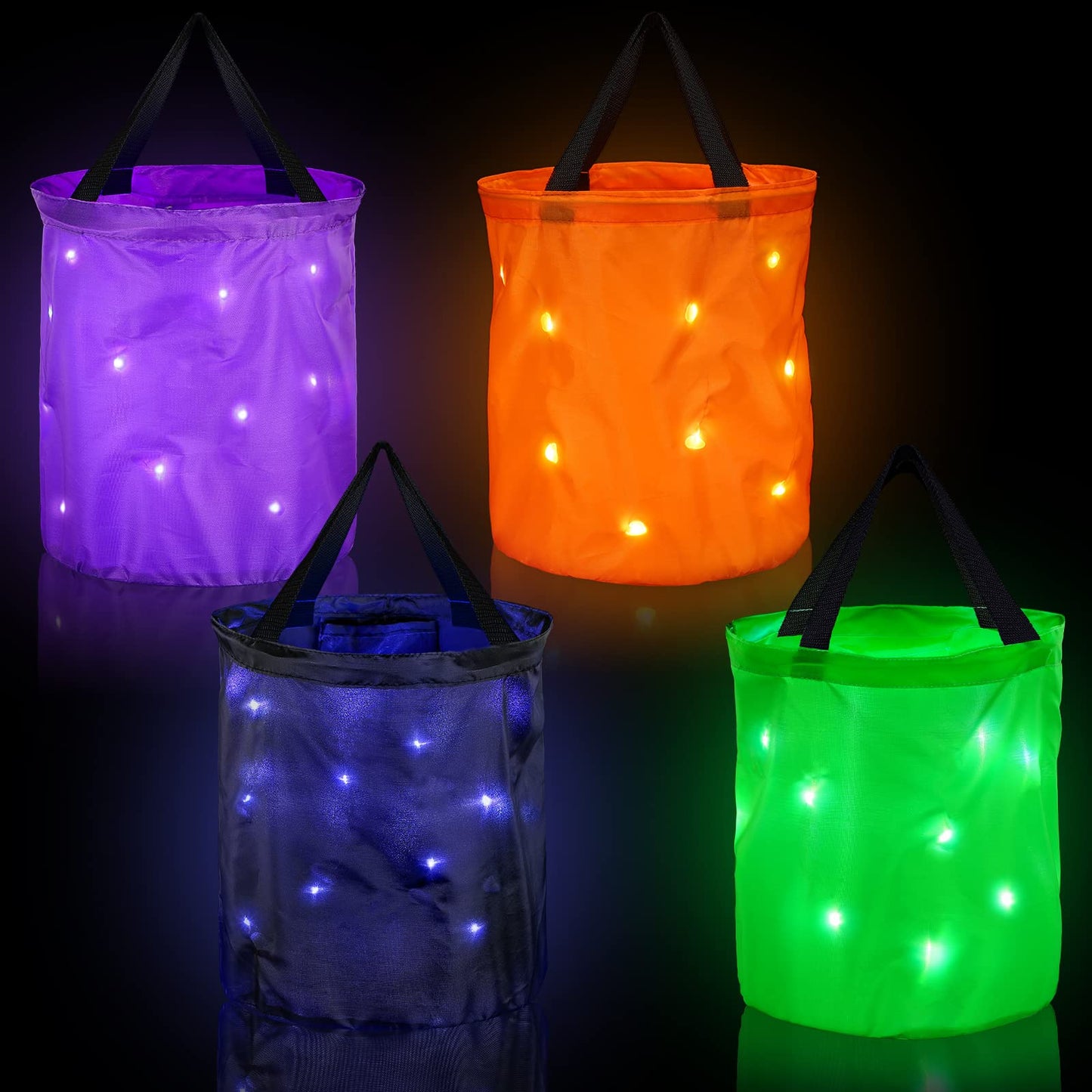 Shappy 4 Pieces LED Light Up Halloween Bucket Candy Bags Light Up Trick or Treat Bags Reusable Goody Bucket for Halloween Party Favor Supplies(Green, Purple, Black, Orange,Classic Style)