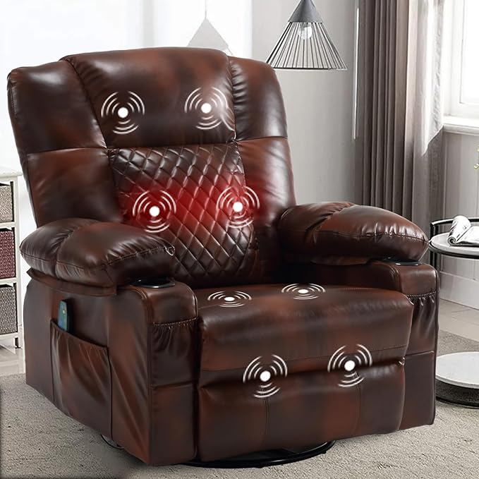 Comermax Massage Recliner Chair with Heat, 360° Swivel Rocker Recliner Chair with Cup Holders, 150° Recline PU Leather Recliner for Living Room, Brown