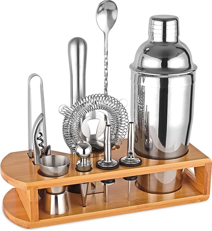 Cocktail Shaker Set Bartender Kit : 12-Piece Bar Tool Set with Bamboo Stand | Bar Set with All Practical Bar Accessories, ...