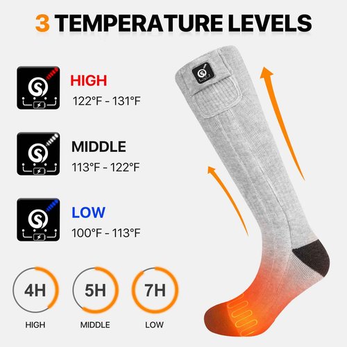SNOW DEER Heated Socks for Men Women, 7.4V Rechargeable Battery Electric Ski Foot Warmer for Hunting Fishing Camping Hiking Skiing（Grey,L