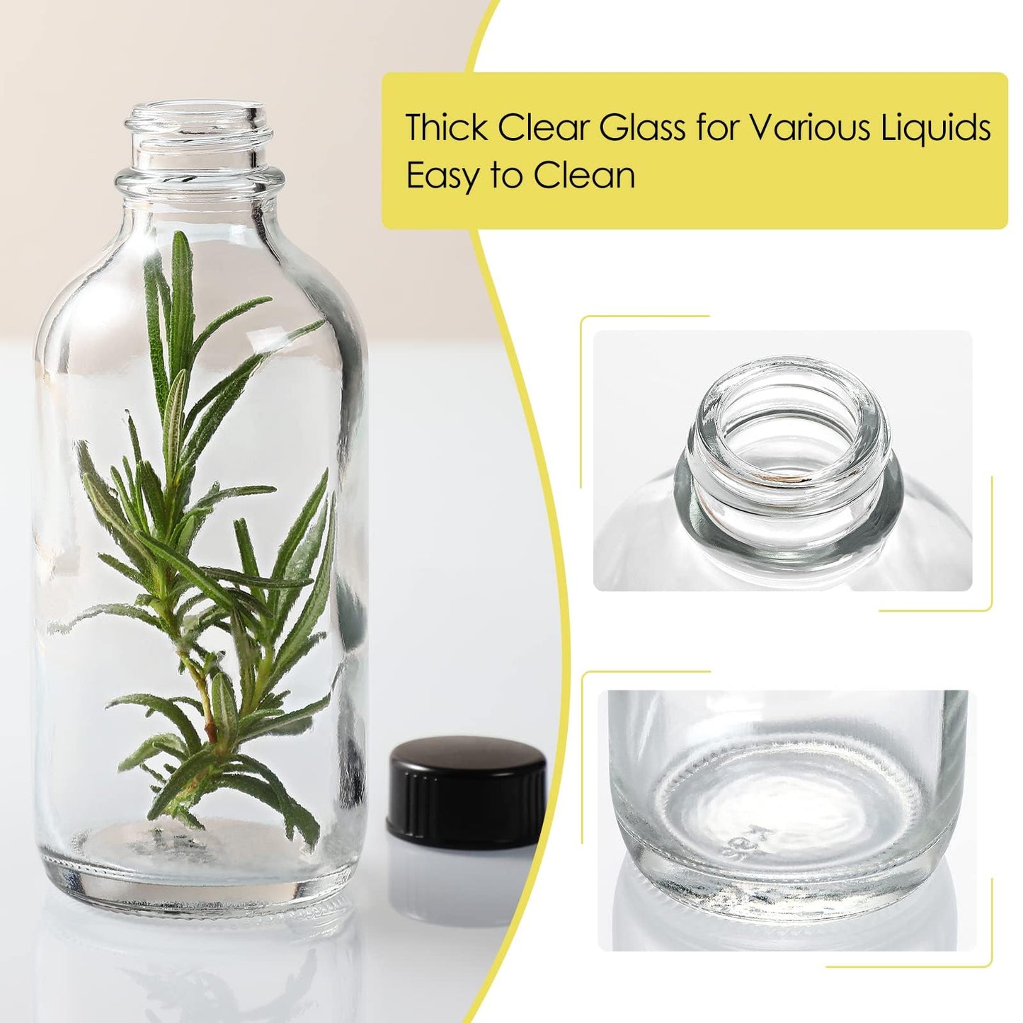 10 Pack, 4 oz Small Clear Glass Bottles w/Lids & 3 Stainless Steel Funnel - 120ml Boston Round Sample Bottle for Potion, Juice, Ginger Shot, Wellness, Oils, Whiskey, Liquids - Leakproof Travel Bottle