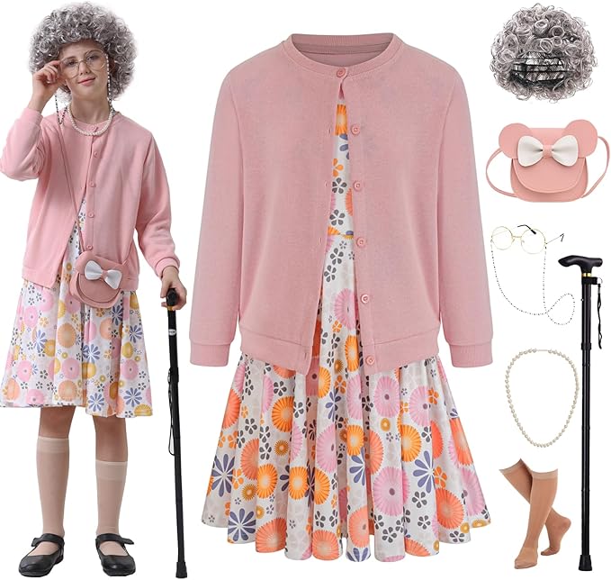 Z-Shop 100 Days of School Old Lady Costume for Kids 100th Grandma Granny Dress up for Girls