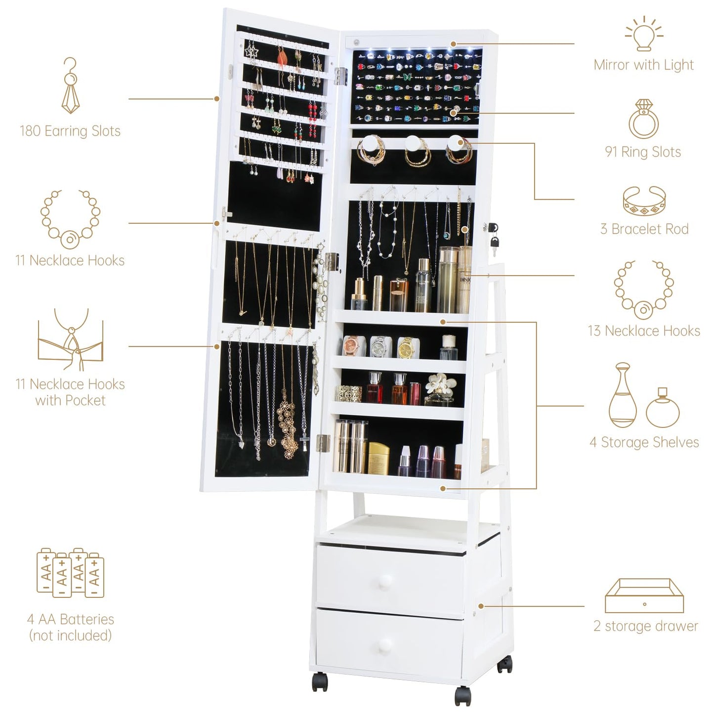 MASMIRE Jewelry Armoire Cabinet Organizer Standing with 20 LED Lights Lockable Full Length Mirror with Storage Shelves and 2 Drawers (White) Adjustable Tilt Angles Gift for Her