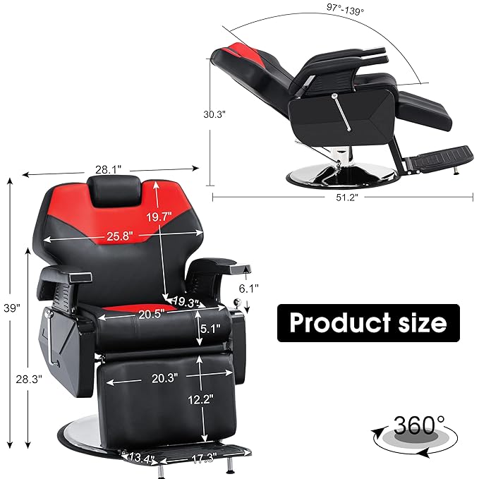BarberPub Hydraulic Recline Barber Chair All Purpose Salon Beauty Spa Styling Equipment 9208 (Red)