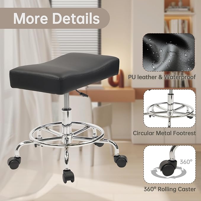 Heavy Duty Extra Wide Rolling Stool PU Leather Thickened Seat Cushion with Foot Rest Adjustable Height Swivel with Wheels for Spa Salon Tattoo Work Massage Barstool, Black, 2 Pack