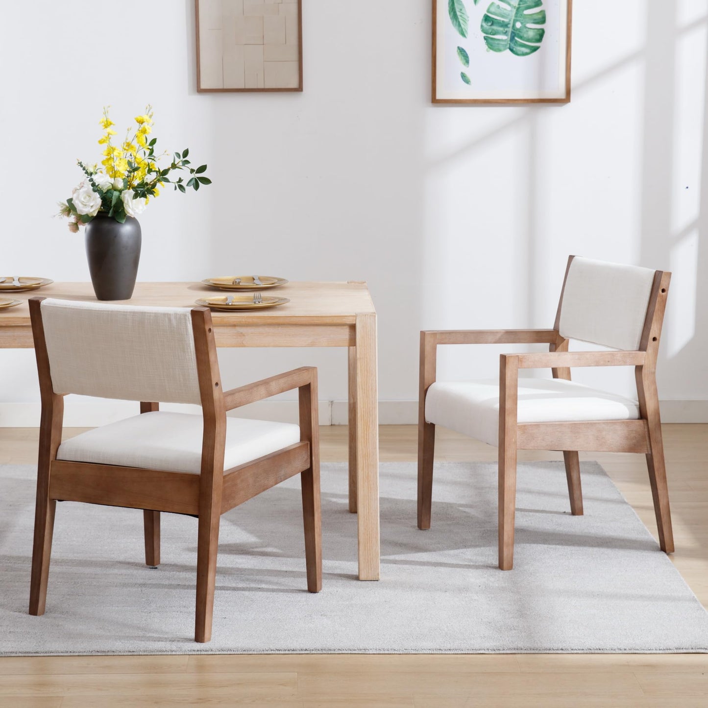 BESTANO Modern Wood Dining Chairs Set of 2 Linen Fabric Upholstered Armchair Accent Chairs Side Chairs Comfy Kitchen Chair with Wooden Legs, Beige